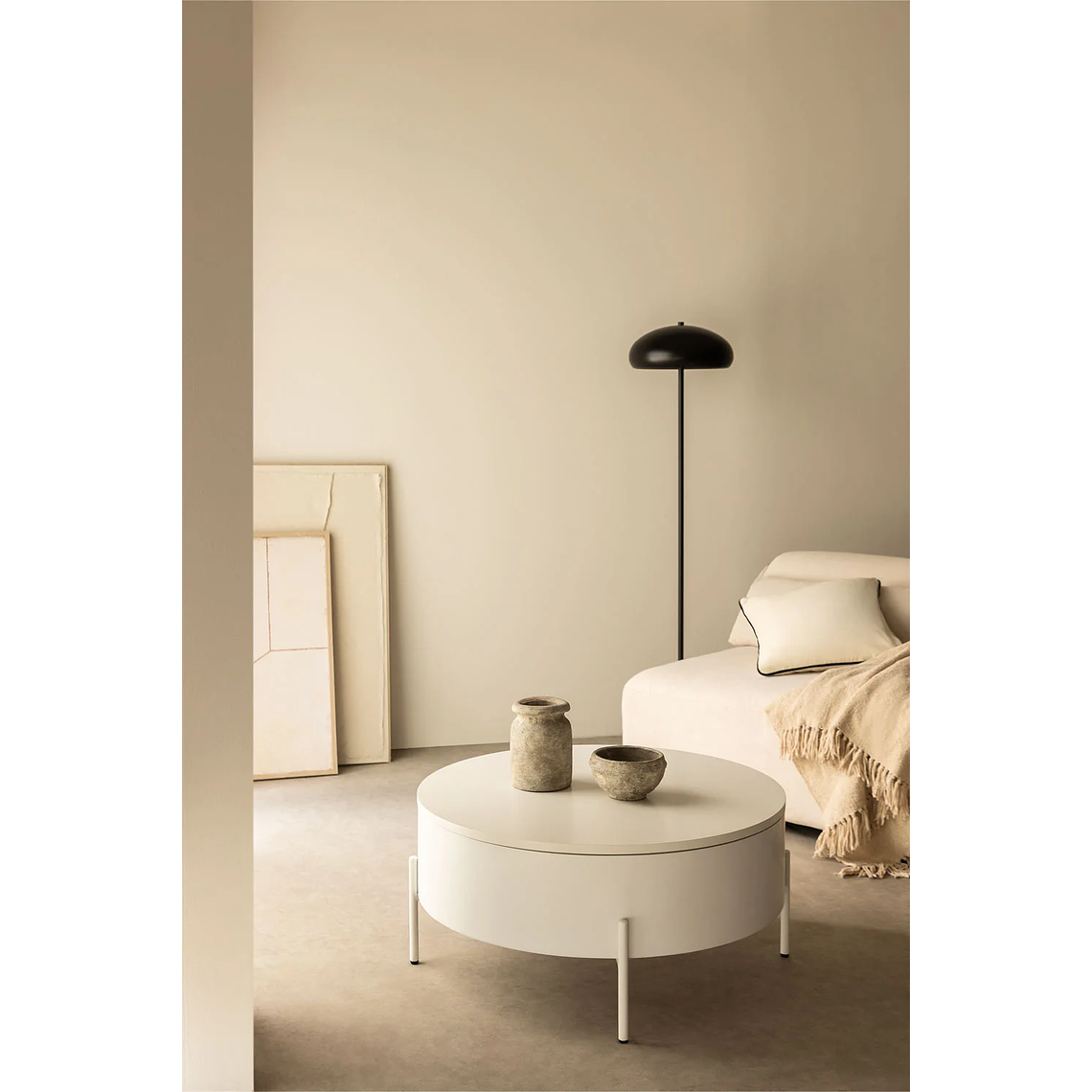 Mesa de centro redonda elevable en madera y acero blanco (Ø80 cm) Tainara 1