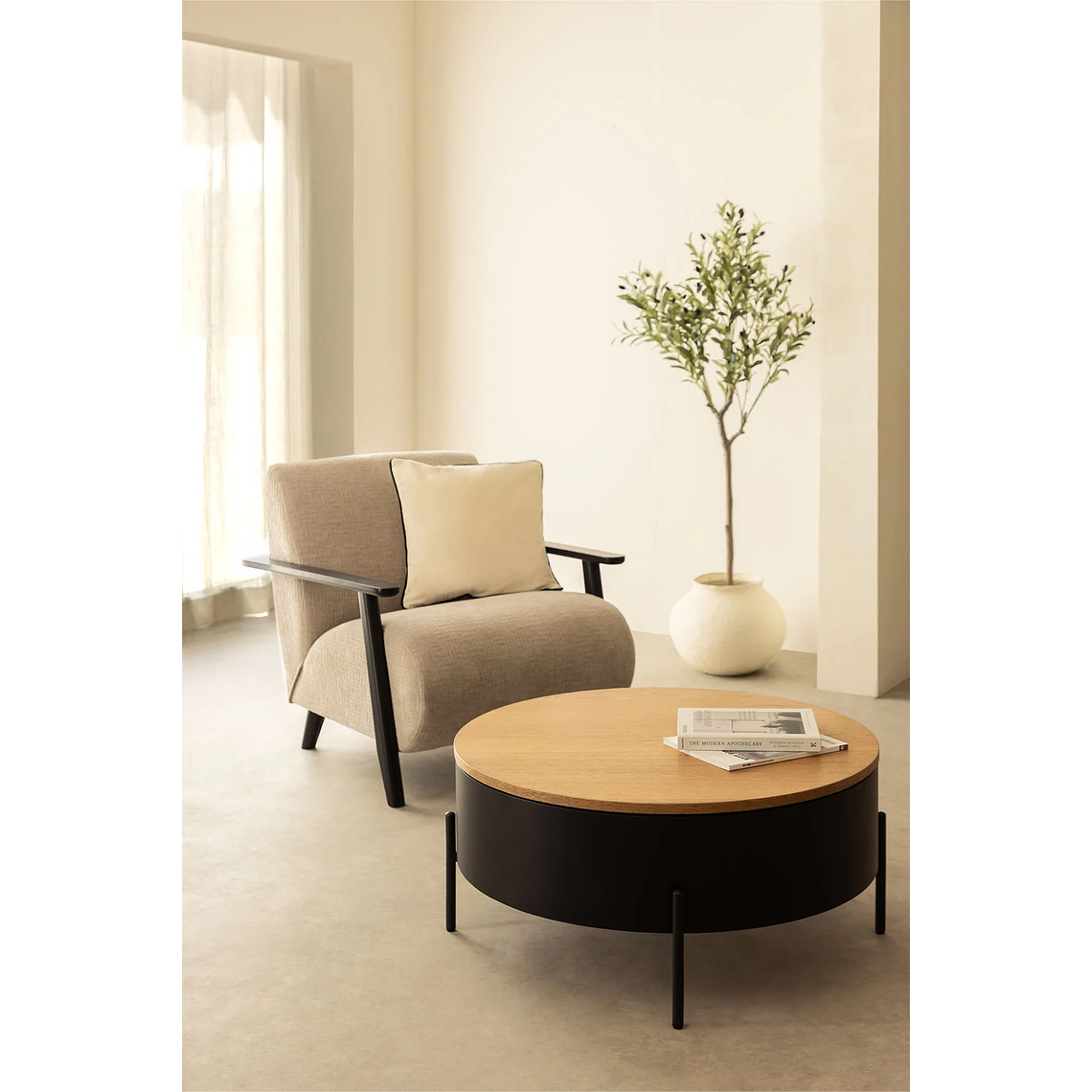 Mesa de centro redonda elevable en madera negro, marrón madera roble (Ø80 cm) Tainara 1