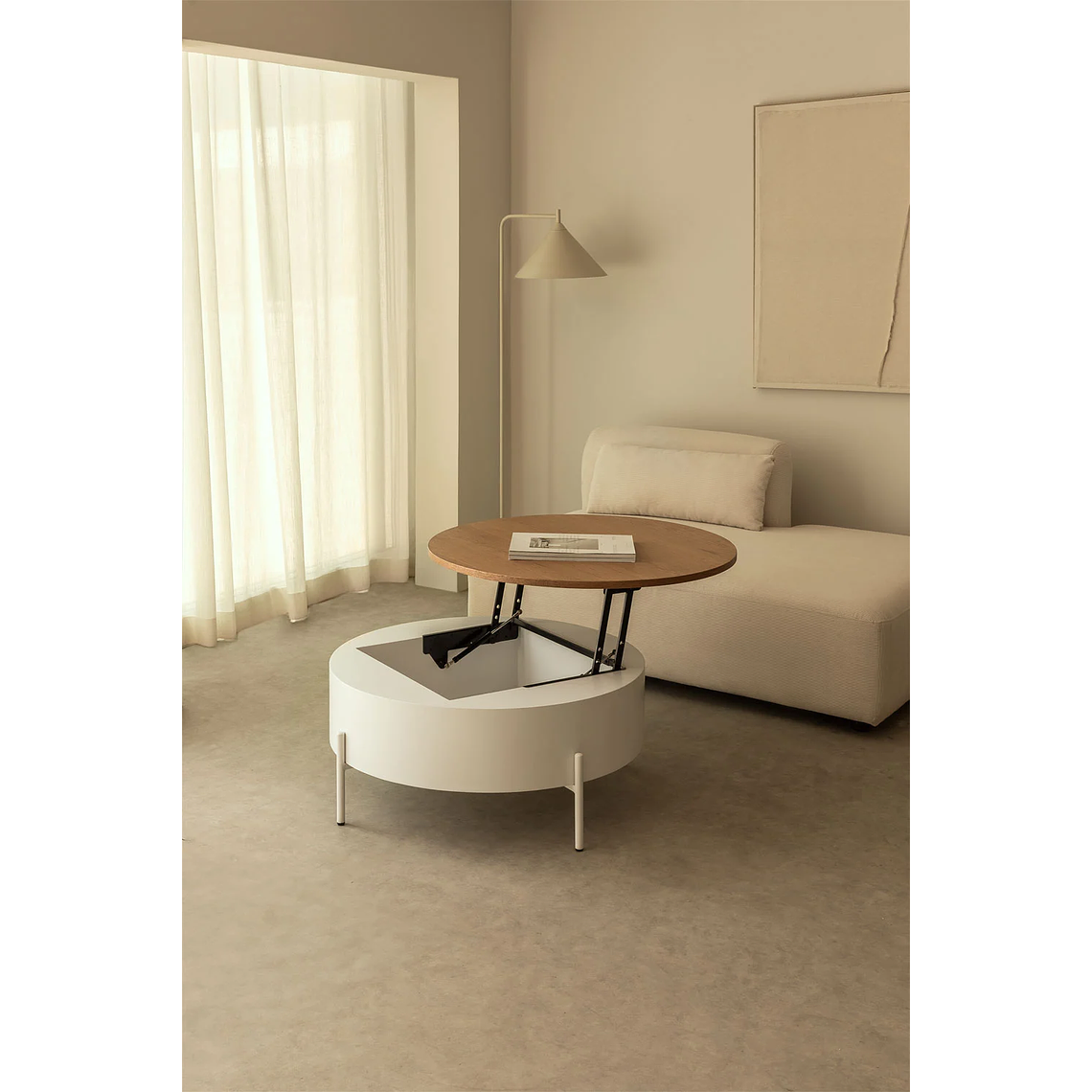 Mesa de centro redonda elevable en madera blanco, marrón madera roble (Ø80 cm) Tainara 2