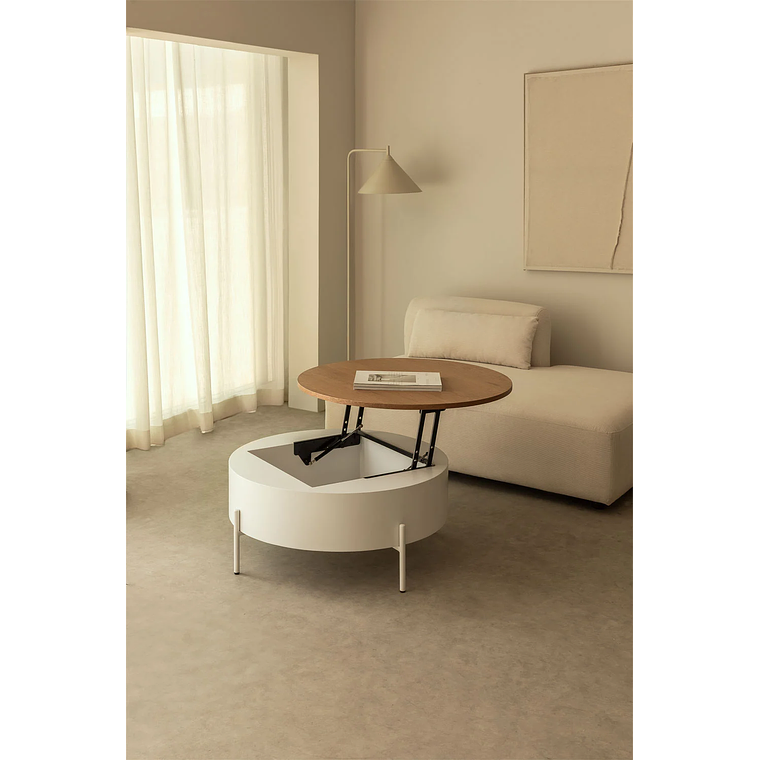 Mesa de centro redonda elevable en madera blanco, marrón madera roble (Ø80 cm) Tainara 2