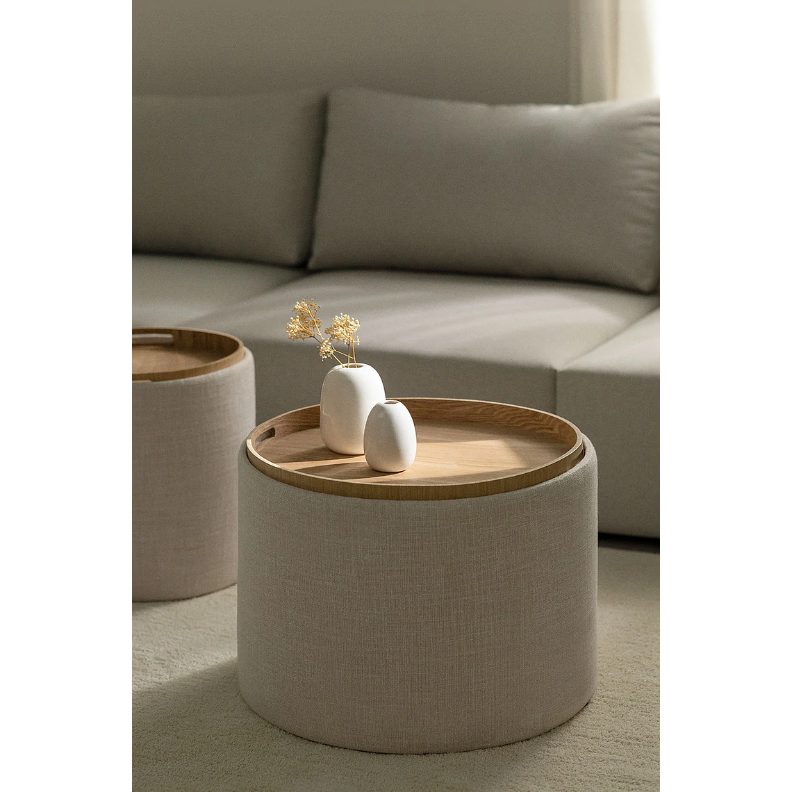 Mesa de Centro Redonda en Lino con Bandeja y Almacenaje Berkeleni beige 56 cm 1