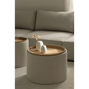 Mesa de Centro Redonda en Lino con Bandeja y Almacenaje Berkeleni beige 56 cm