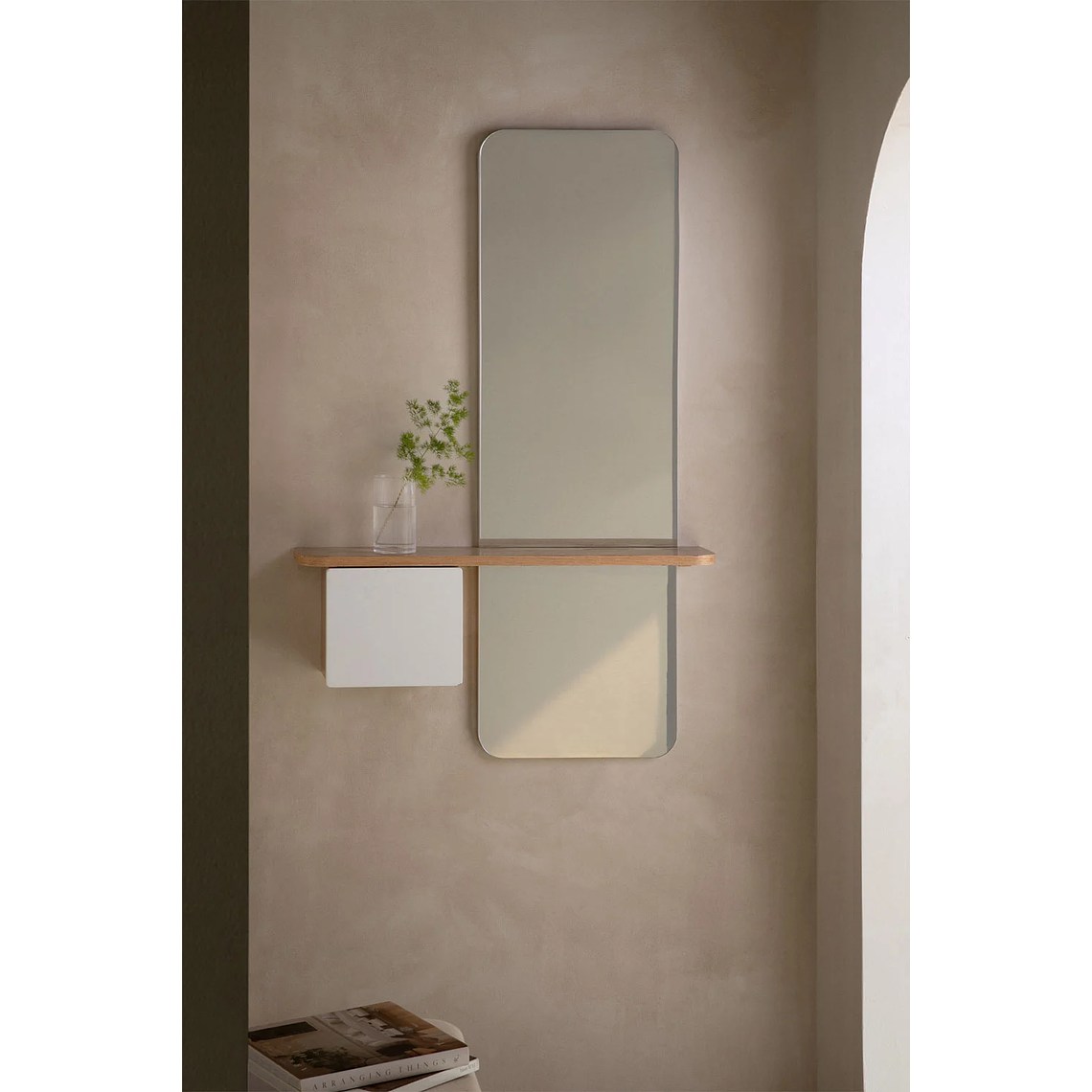 Mesa de arrimo con espejo 78 cm Varna blanco madera natural 1