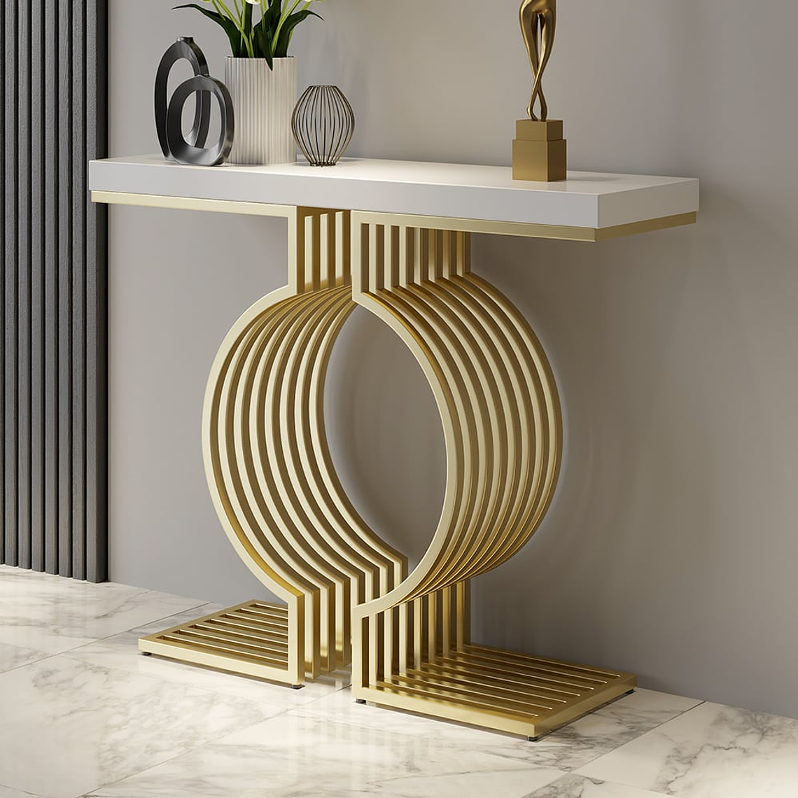 Mesa de arrimo con base de metal geométrica color dorado y blanco 100 cm 1