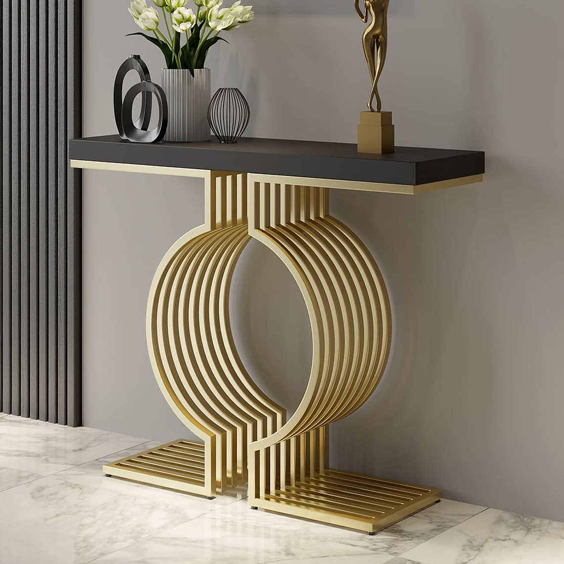 Mesa de arrimo con base de metal geométrica color dorado y negro 100 cm 1