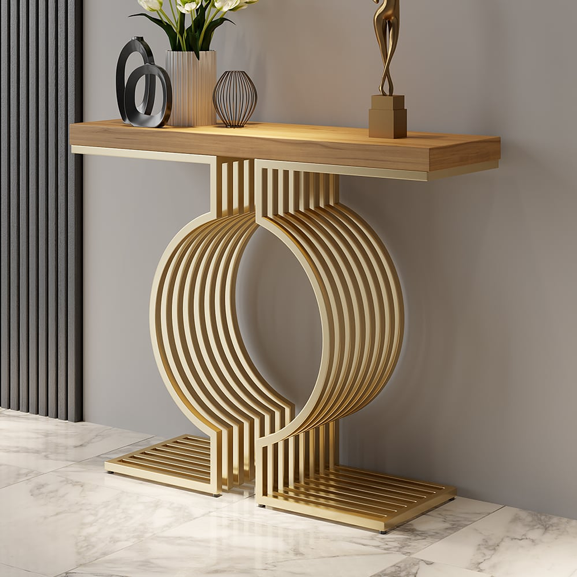 Mesa de arrimo con base de metal geométrica color dorado y nogal 100 cm 1