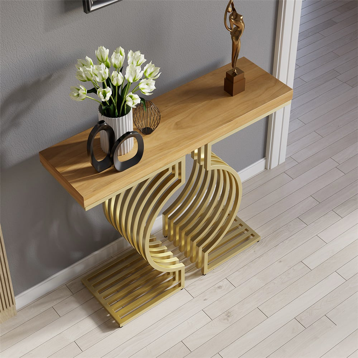 Mesa de arrimo con base de metal geométrica color dorado y nogal 100 cm 3