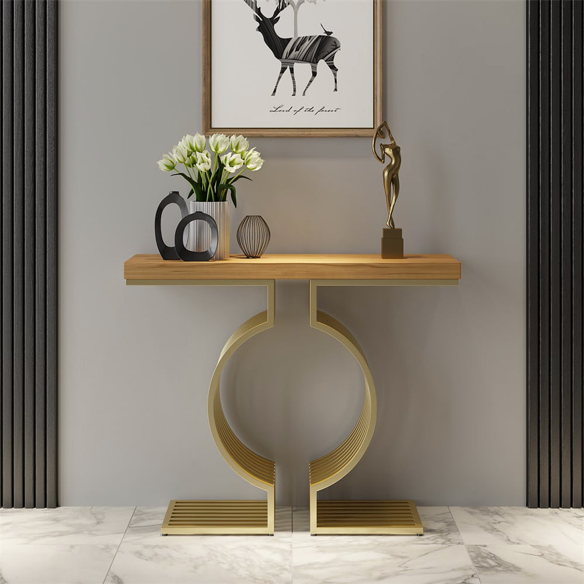 Mesa de arrimo con base de metal geométrica color dorado y nogal 100 cm 4