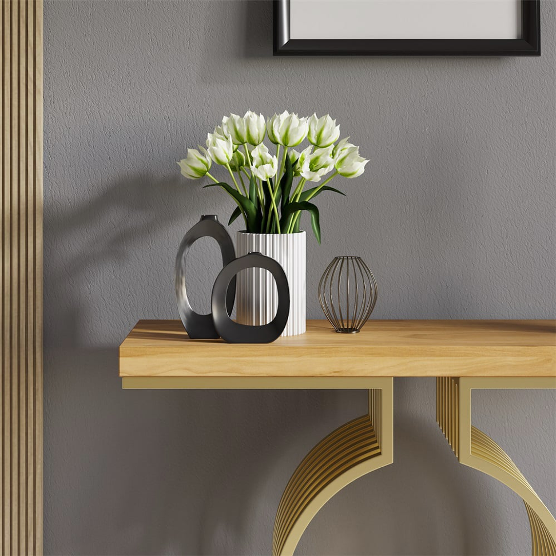 Mesa de arrimo con base de metal geométrica color dorado y nogal 100 cm 5