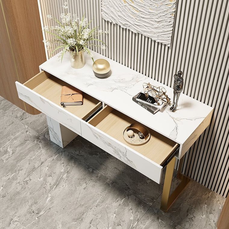 Mesa de arrimo blanca de 120 cm, moderna mesa decorativa rectangular para entrada con 2 cajones 5