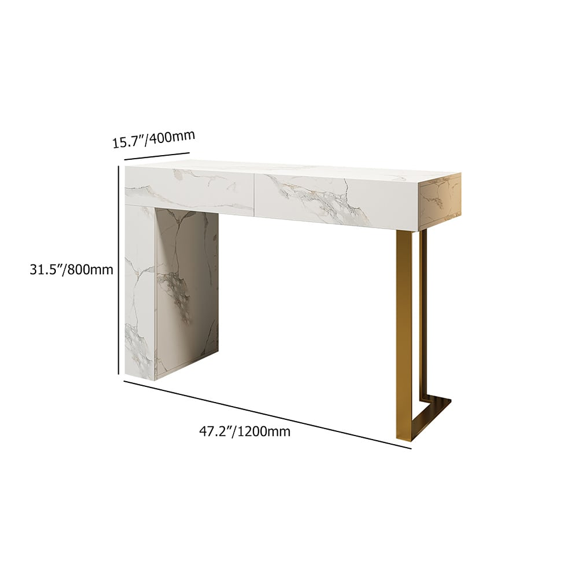 Mesa de arrimo blanca de 120 cm, moderna mesa decorativa rectangular para entrada con 2 cajones 6
