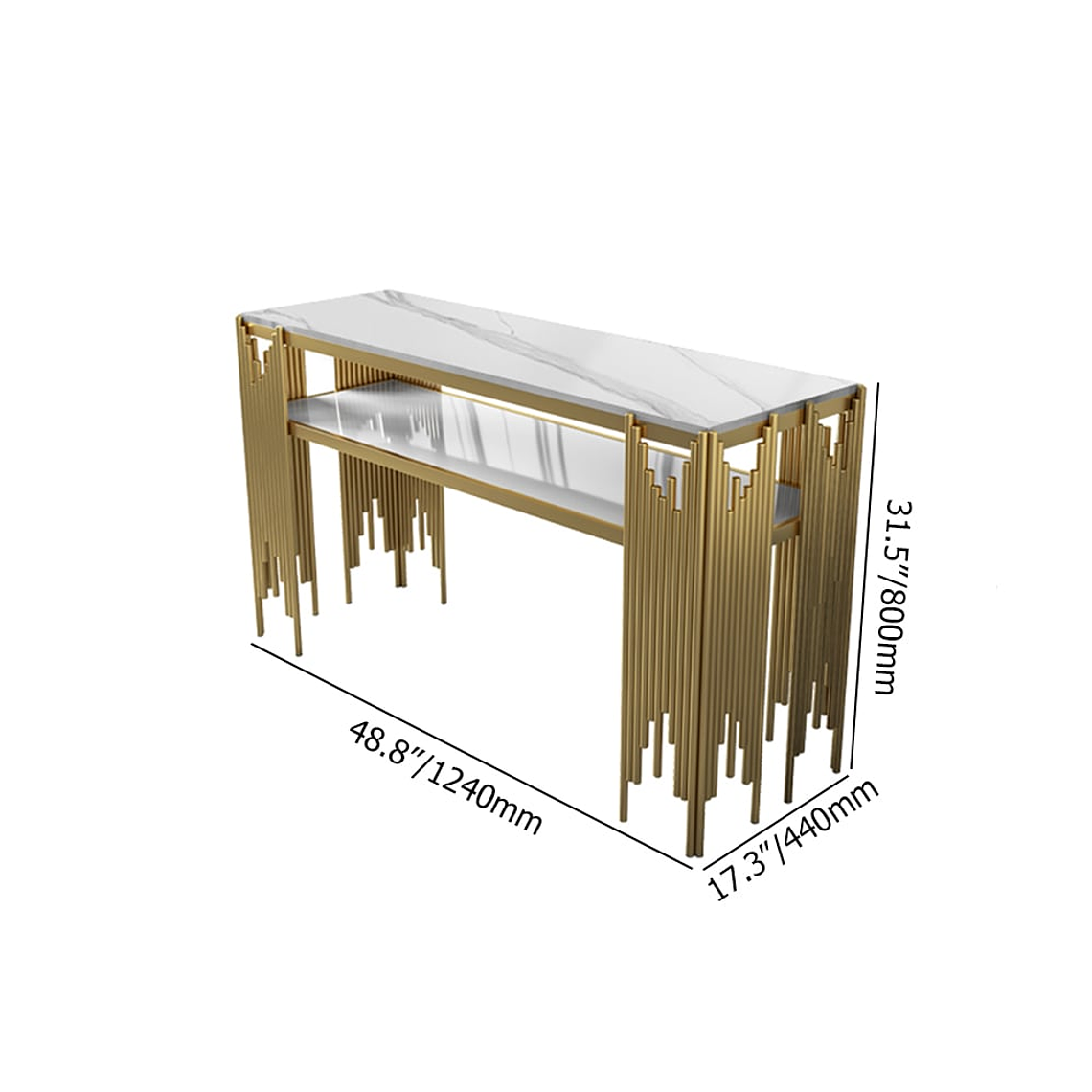 Mesa de arrimo de mármol sintético negro de 120 cm con estante de almacenamiento y 4 patas doradas 6