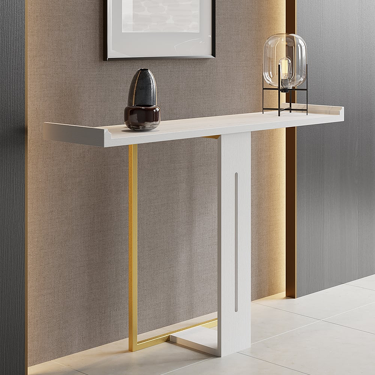 Mesa de arrimo con madera maciza blanca y metal dorado en 100 cm 2