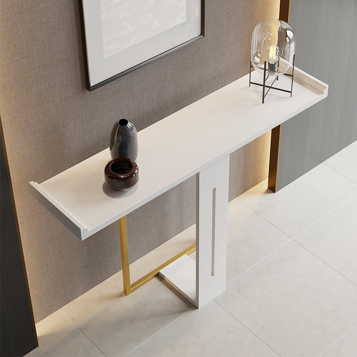 Mesa de arrimo con madera maciza blanca y metal dorado en 100 cm 3