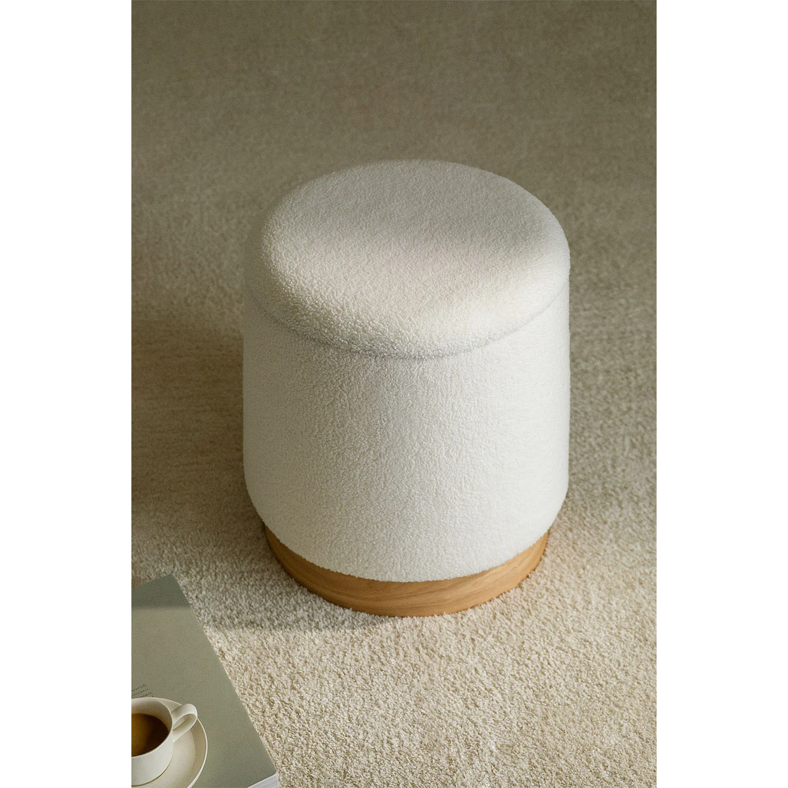 Puff Redondo con Almacenaje en Borreguito Mineyster color blanco 1