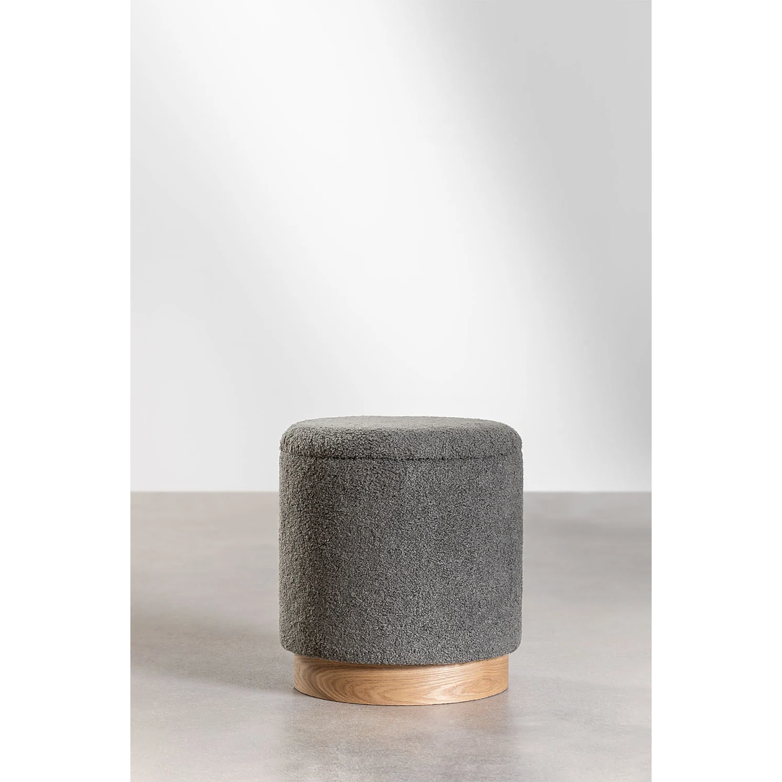 Puff Redondo con Almacenaje en Borreguito Mineyster color gris claro topo 1