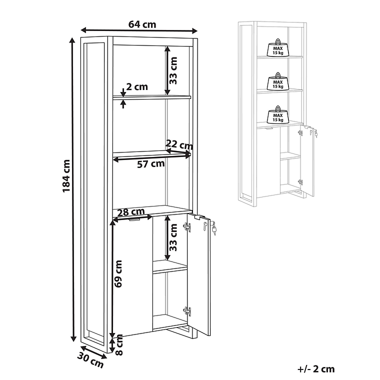 Estante con 2 puertas y 3 estantes madera clara y blanco 184 cm JOHNSON 13