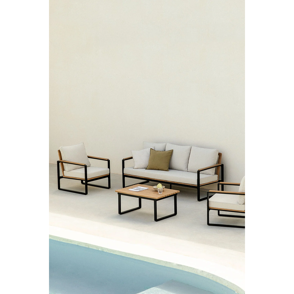 Terraza con Sofá de 3 Plazas en Aluminio y Madera de Acacia Giselle negro 1