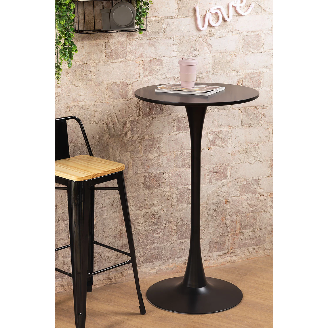 Mesa Alta de Bar Redonda en MDF y Metal Negro (Ø60 cm) Ivet Style 2