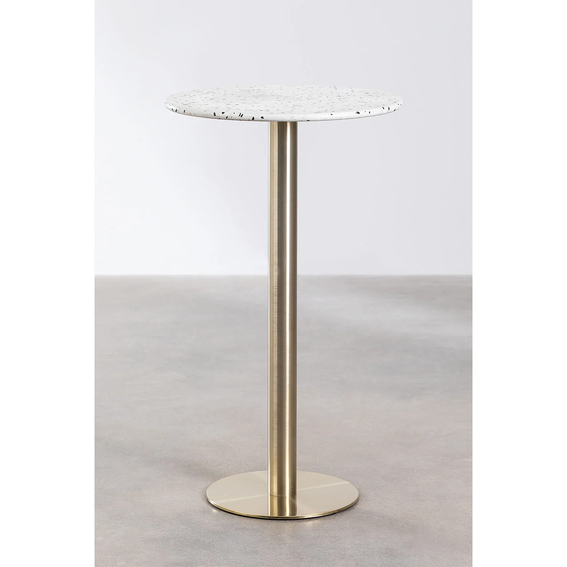 Mesa Alta de Bar Redonda en Terrazo Metal Oro Champagne (Ø60 cm) Malibu 1