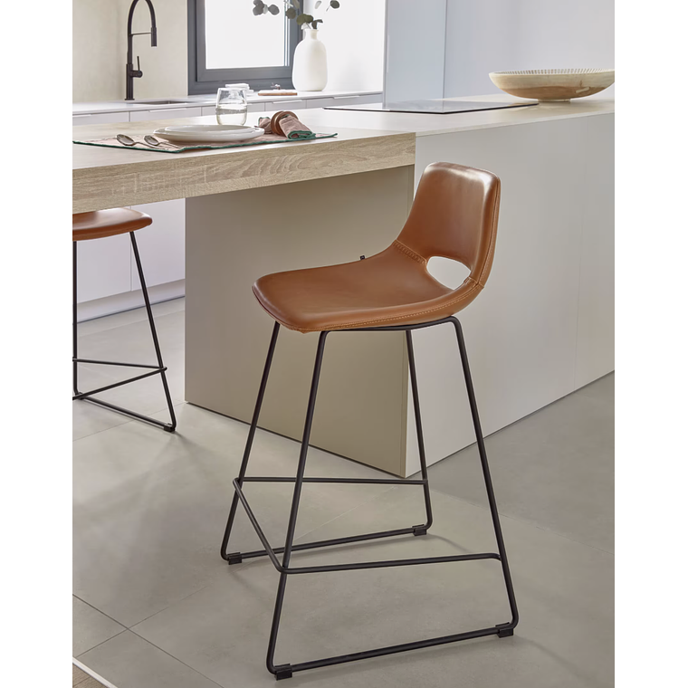 Taburete Zahara piel sintética marrón y acero con acabado negro altura 65 cm 2