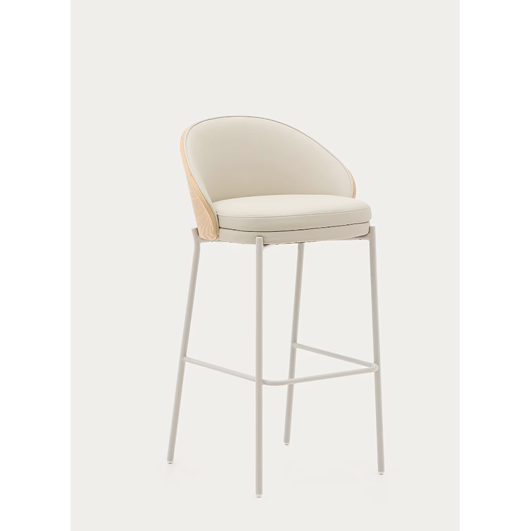 Taburete Eamy de piel sintética beige, chapado fresno acabado natural y metal beige 77cm 1