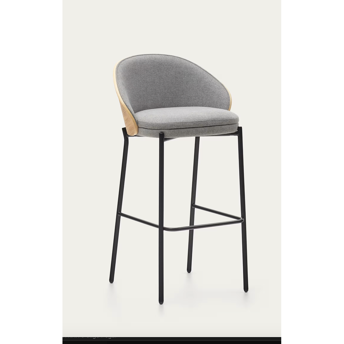 Taburete Eamy de chenilla gris claro chapado en fresno acabado natural y metal negro 77 cm 1