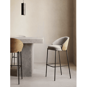 Taburete Eamy de chenilla gris claro chapado en fresno acabado natural y metal negro 77 cm