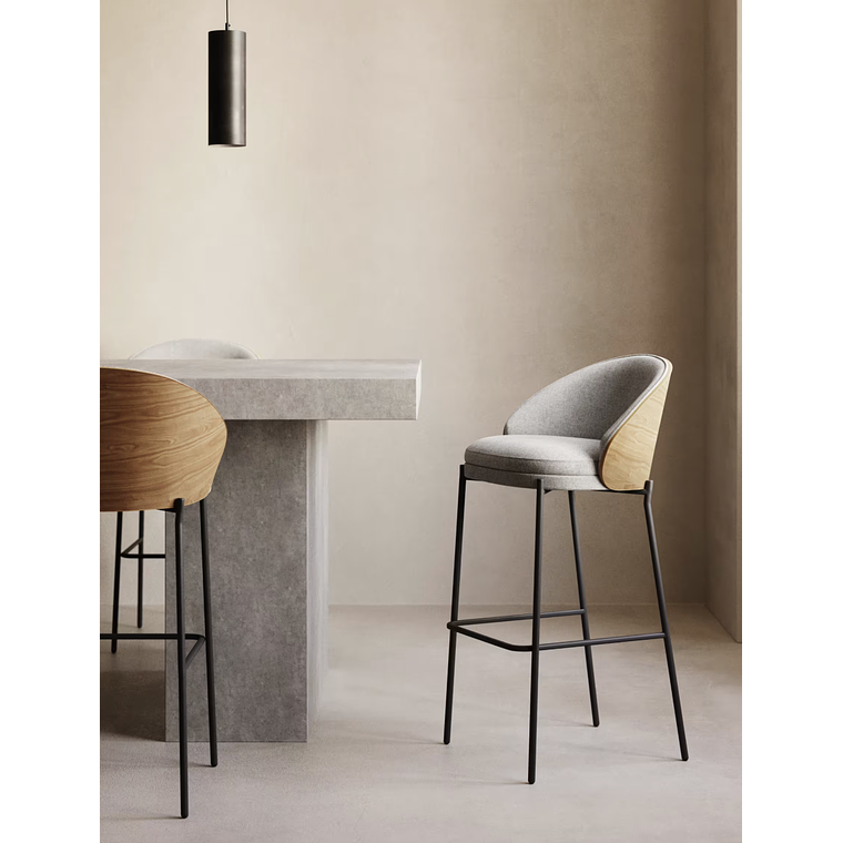 Taburete Eamy de chenilla gris claro chapado en fresno acabado natural y metal negro 77 cm 2