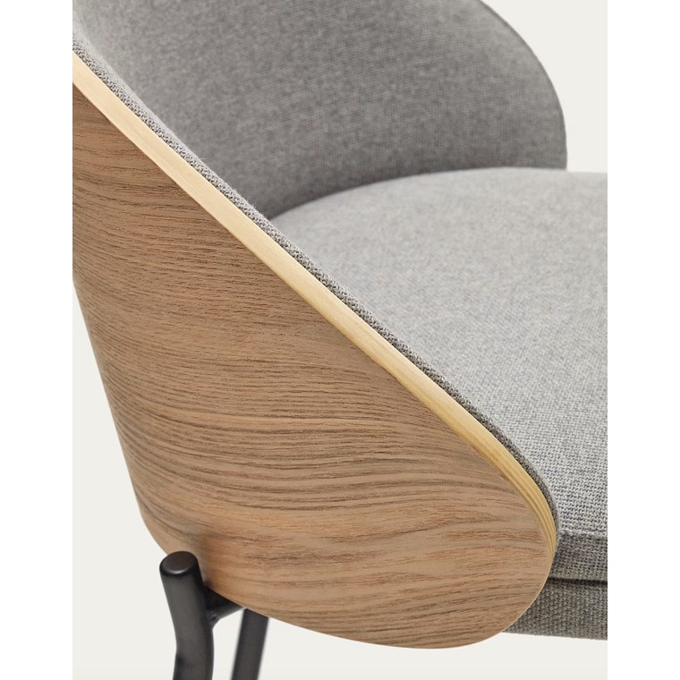 Taburete Eamy de chenilla gris claro chapado en fresno acabado natural y metal negro 77 cm 4