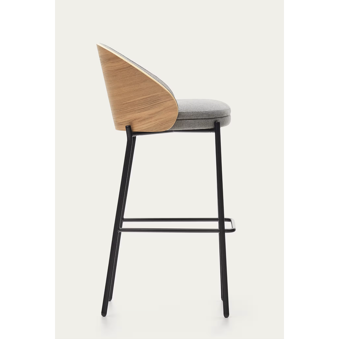 Taburete Eamy de chenilla gris claro chapado en fresno acabado natural y metal negro 77 cm 5