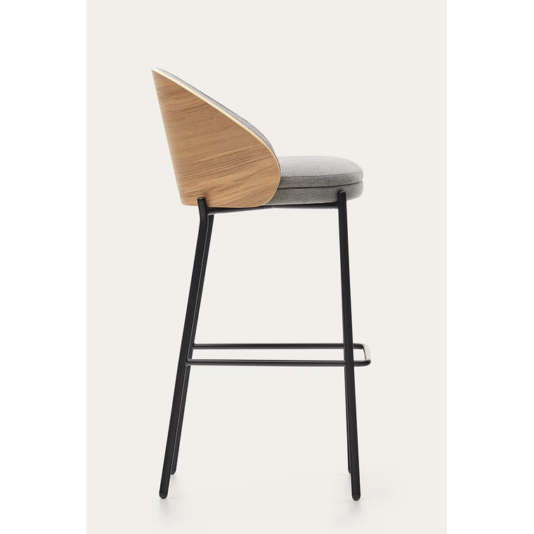 Taburete Eamy de chenilla gris claro chapado en fresno acabado natural y metal negro 77 cm 5