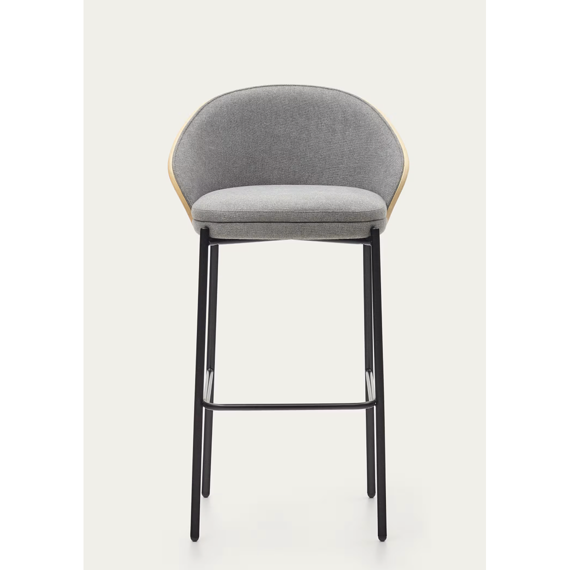 Taburete Eamy de chenilla gris claro chapado en fresno acabado natural y metal negro 77 cm 8
