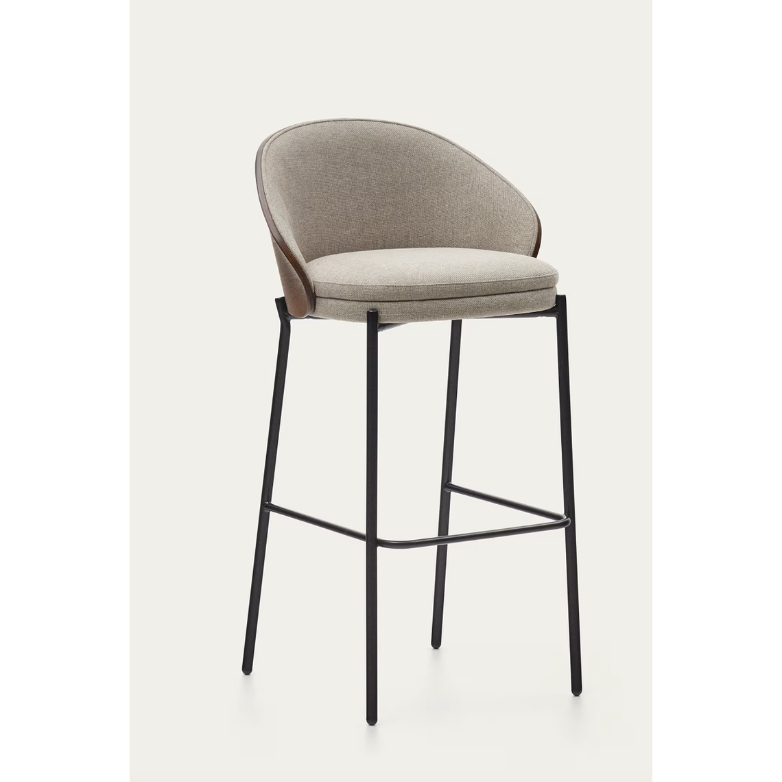 Taburete Eamy de chenilla marrón claro chapado en fresno acabado wengué y metal negro 77cm 1