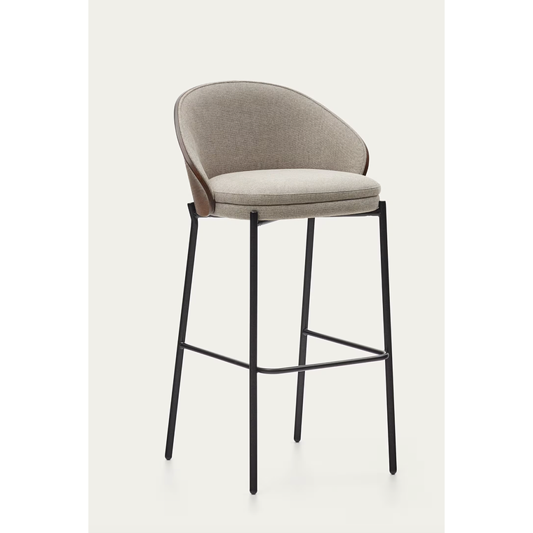 Taburete Eamy de chenilla marrón claro chapado en fresno acabado wengué y metal negro 77cm 1