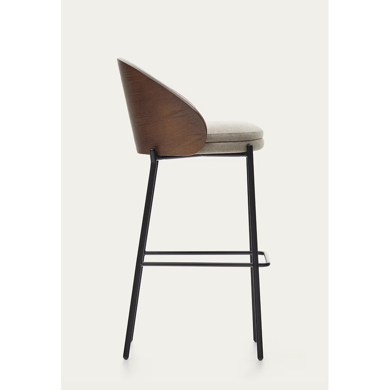 Taburete Eamy de chenilla marrón claro chapado en fresno acabado wengué y metal negro 77cm 4