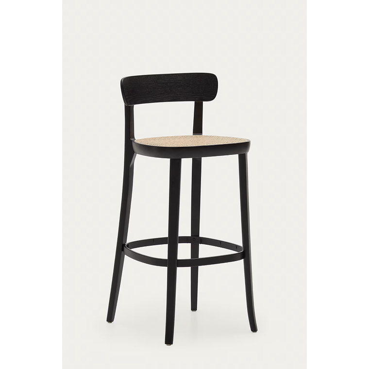 Taburete Romane de madera de haya acabado negro y chapa de fresno y ratán altura 75 cm 1