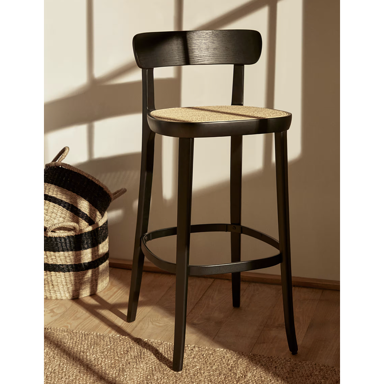 Taburete Romane de madera de haya acabado negro y chapa de fresno y ratán altura 75 cm 2