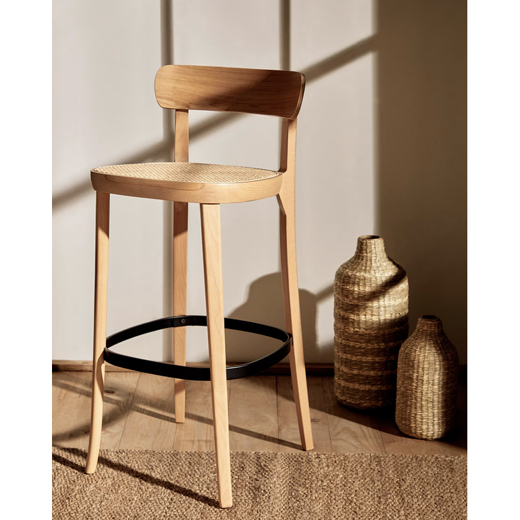 Taburete Romane de madera de haya acabado natural y chapa de fresno y ratán altura 75 cm 2