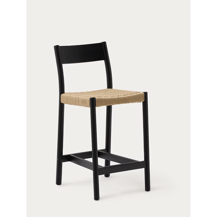 Taburete Yalia respaldo madera maciza roble acabado negro y asiento de cuerda 65cm FSC100% 1