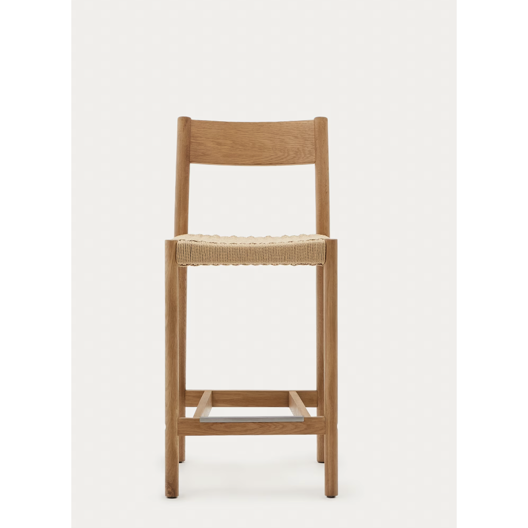 Taburete Yalia respaldo madera maciza roble acabado natural y asiento cuerda 65cm FSC 100%