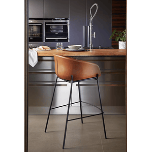 Taburete Yvette piel sintética marrón y patas de acero con acabado negro altura 75 cm