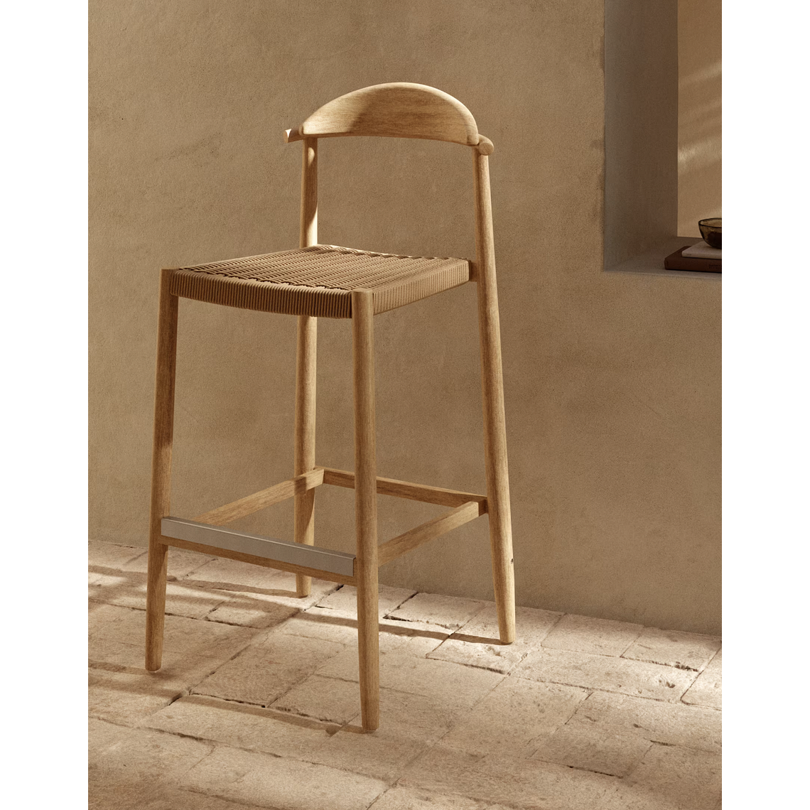 Taburete Nina de madera maciza de acacia y cuerda beige altura 76 cm 2