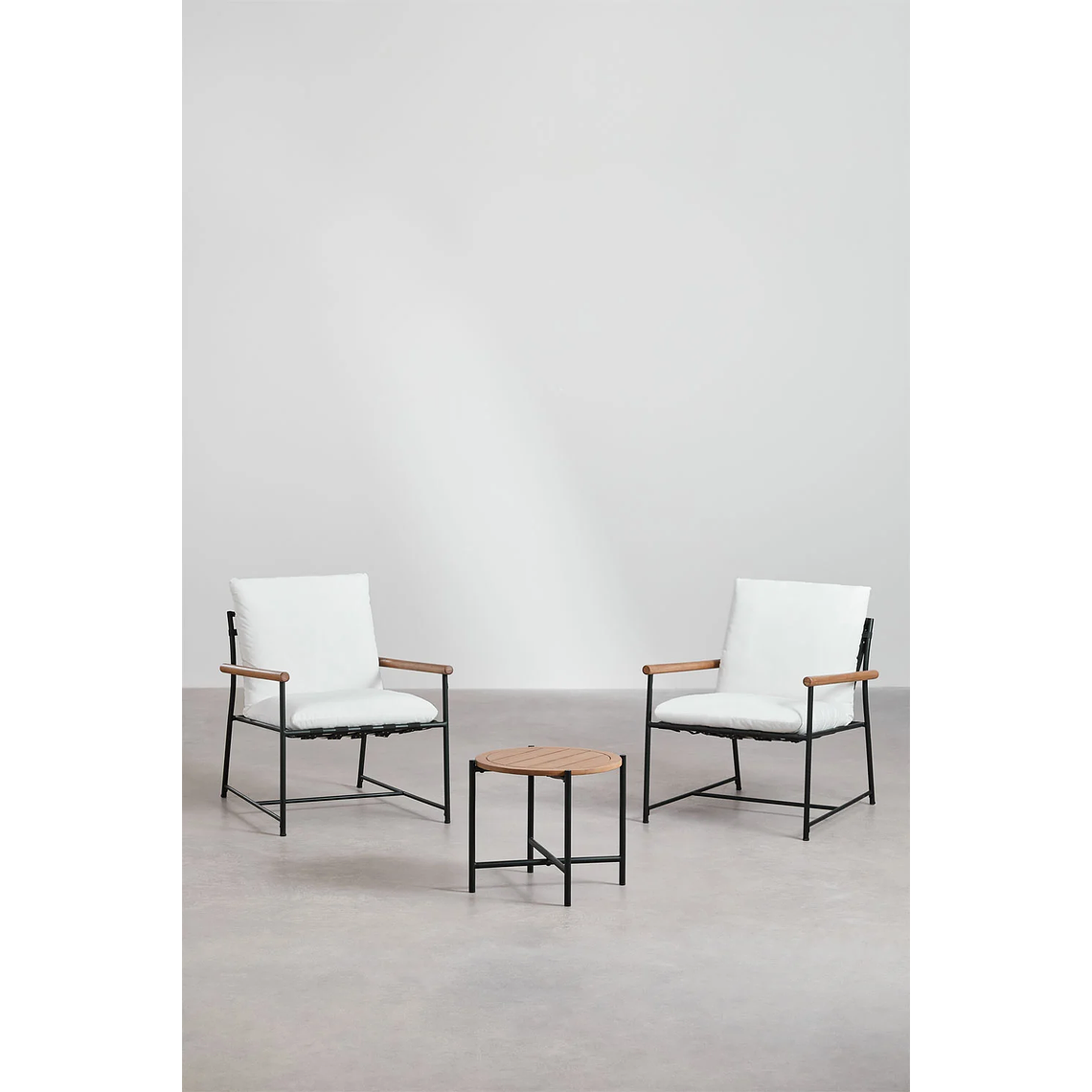 Juego de Balcón de 2 Sillones y Mesa de Centro en Madera de Eucalipto y Acero Negro Kerkera 2