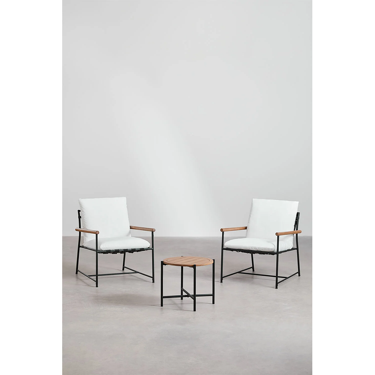 Juego de Balcón de 2 Sillones y Mesa de Centro en Madera de Eucalipto y Acero Negro Kerkera 2