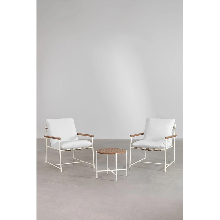 Juego de Balcón de 2 Sillones y Mesa de Centro en Madera de Eucalipto y Acero Blanco Kerkera 1