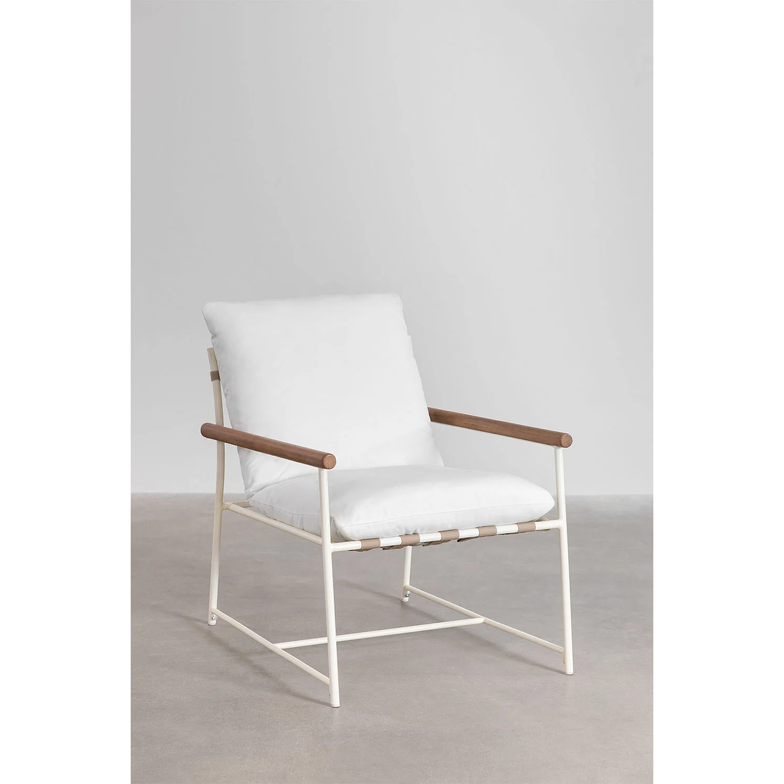 Juego de Balcón de 2 Sillones y Mesa de Centro en Madera de Eucalipto y Acero Blanco Kerkera 3