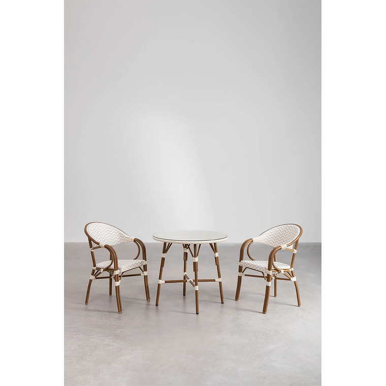 Juego de Balcón Mesa Redonda (Ø80 cm) y 2 Sillas de Jardín Apilables con Reposabrazos en Aluminio Brielle Bistro 1