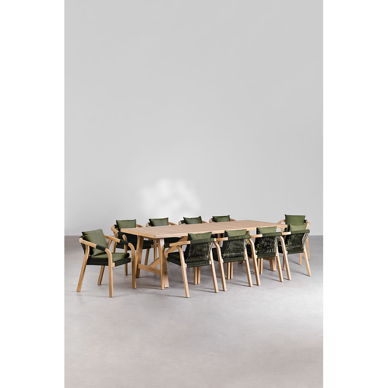 JJuega de Comerdor Rectangular (260x100 cm) y 10 Sillas de Jardín en Madera de Acacia Dubai Verde Army  1