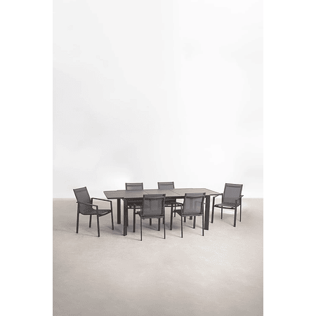 Juego de Comerdor Mesa Extensible Rectangular en Aluminio (180-240x100 cm) Starmi y 6 Sillas de Jardín Eika Gris Grafito